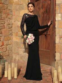Serin Elegantes, luxuriöses, perlen- und paillettenverziertes gestricktes Ärmel-Meerjungfrauenkleid, geeignet für Hochzeiten, Partys, Feiertage, Braut, Brautmutter Abendkleider - Schwarz - Übersicht 6