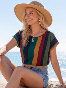 SHEIN LUNE Batwing Sleeve Colourblock Top - Dark Green - View 5