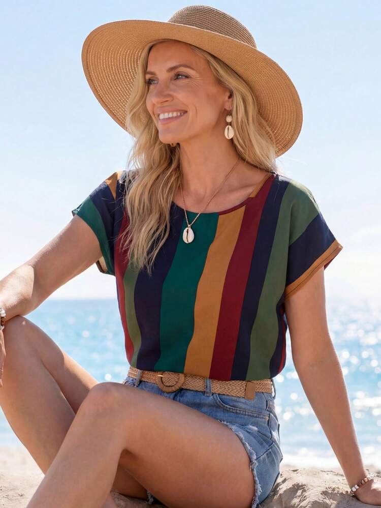 Summer Vacation Casual Colorblock Striped Shirt