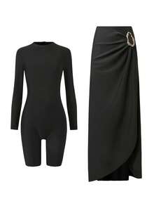 Swim Mulvari 针织假日派对外出海滩新年连衣裙，性感喇叭下摆沙滩裙，纯色搭配黑色金属配饰，冬季圣诞节两件套，无钢圈优雅夏季女士布基尼中东布基尼套装泳装 - 黑色 - 查看 7