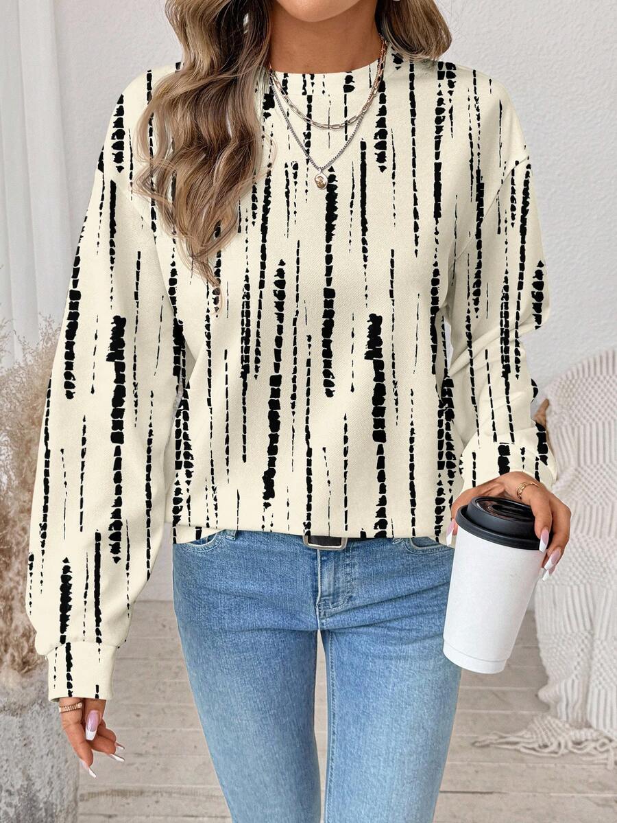 SHEIN LUNE Lässiges, minimalistisches, retro-elegantes Damen Sweatshirt mit gestreiftem Kontrastdruck und rundem Ausschnitt in weiter Passform, geeignet für Ausflüge, Straßenmode, Flughafen, Hochzeiten, Partys, Geburtstage, Karneval, Musikfestivals, Chic - Verschiedenfarbig - Übersicht 1