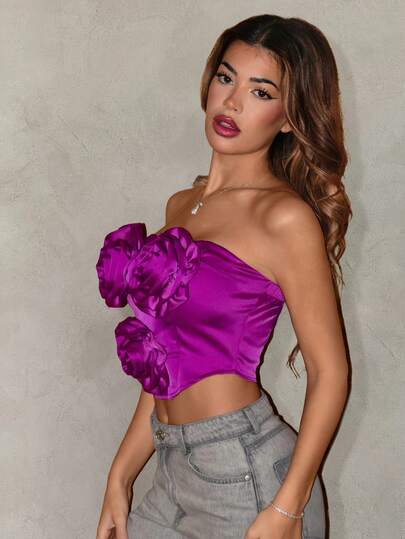 Sirith Women's Sexy Solid Color Tube Top With 3D Floral Design And Back Zipper, Suitable For Spring/Summer