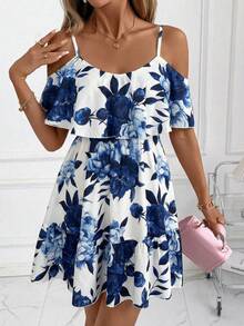 SHEIN Clasi Women's Floral Print Ruffle Off-Shoulder Short Sleeve Elegant Mini Dress, Suitable For Daily Wear, Holidays And Romantic Occasions, Spring/Summer ,Summer Dress - Navy Blue - View 3