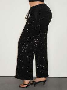 Arliah Women's Black Velvet Shiny Sequin Casual/Concert/Cocktail Party/Night Out/Carnival Drawstring Wide Leg Pants, Shiny - Black - View 4