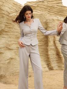 Modelyn Women's Spring/Summer Grey Woven Long Sleeve Snap Button Waist A-Line Faux Pocket Elegant Blouse And Long Straight Skirt Set - Grey - View 6