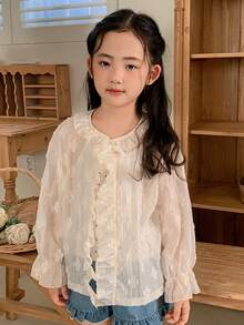 DAZY Young Girl Ruffled Lace Casual Long Sleeve Jacket - White - View 2