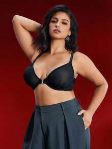 EmpressEnvy Plus Size Black Underwire Bra, 3/4 Cup, Front Closure, Mesh Panel, Crossover Strap, Comfortable, Everyday Wear - Black - View 5