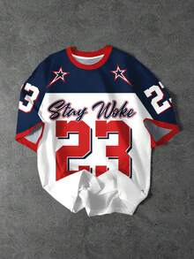 青少年男童新款休闲简约经典时尚数字23，星星图案，撞色设计，学院风，运动风宽松舒适短袖圆领T恤，适合夏季穿着 - 彩色 - 查看 1