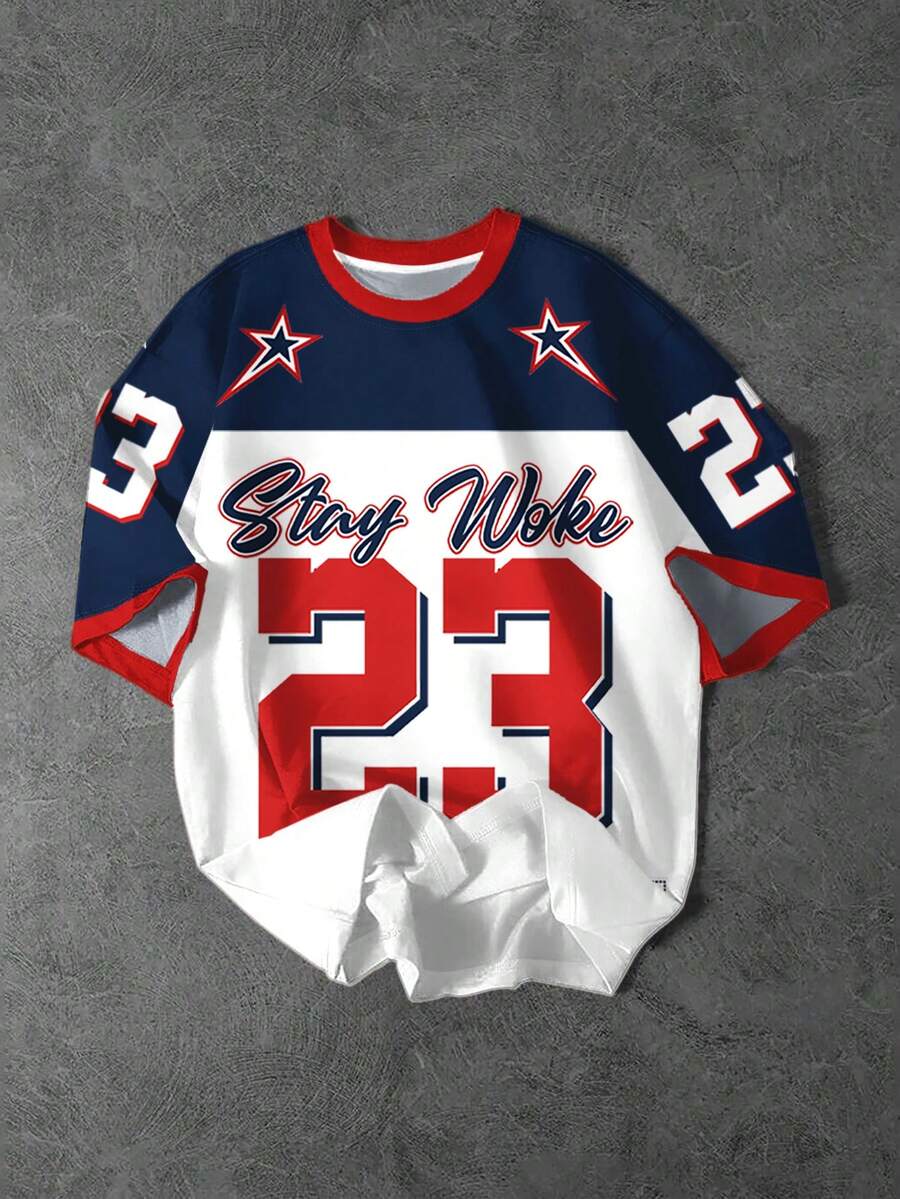 青少年男童新款休闲简约经典时尚数字23，星星图案，撞色设计，学院风，运动风宽松舒适短袖圆领T恤，适合夏季穿着 - 彩色 - 查看 1