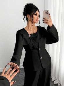 Elenzga Bộ đồ nữ cỡ lớn, quần dài dáng chữ A cài nút thắt nơ ở eo và áo khoác blazer màu đen, bộ váy áo công sở thường ngày, bộ đồ 2 mảnh cho nữ, bộ đồ nữ thanh lịch, bộ quần áo nữ sang trọng - màu đen - Xem 5
