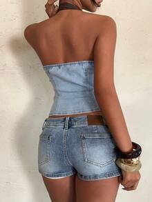 Aloruh Women's Light Blue Summer Rave Halter Denim Blouse,Fashion Contrast Color Patchwork Backless Top For Party,Cocktail,Vacation,Wedding Guest&Western - Blue - View 2