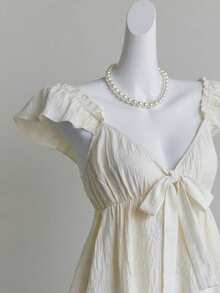 Elamini Women's White V-Neck Frill Tie Waist Bow Flutter Sleeve Blouse, Sexy & Sweet European Style For Beach Vacation - White - View 5