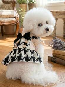 PETSIN 1pcAutumn Winter Pet Plaid Tweed Dress - Heart Decor & Velvet Bow For Small Dogs & Cats - Black and White - View 3