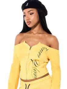 SUMWON WOMEN Off Shoulder Full Zip Yellow Sweatshirt With Flared Long Sleeves Script Text Print Crop Length Fall Winter Casual Top - Yellow - View 1