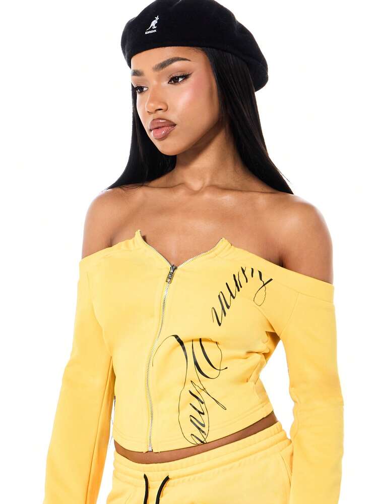 SUMWON Off Shoulder Full Zip Yellow Sweatshirt With Flared Long Sleeves Script Text Print Crop Length Fall Winter Casual Top