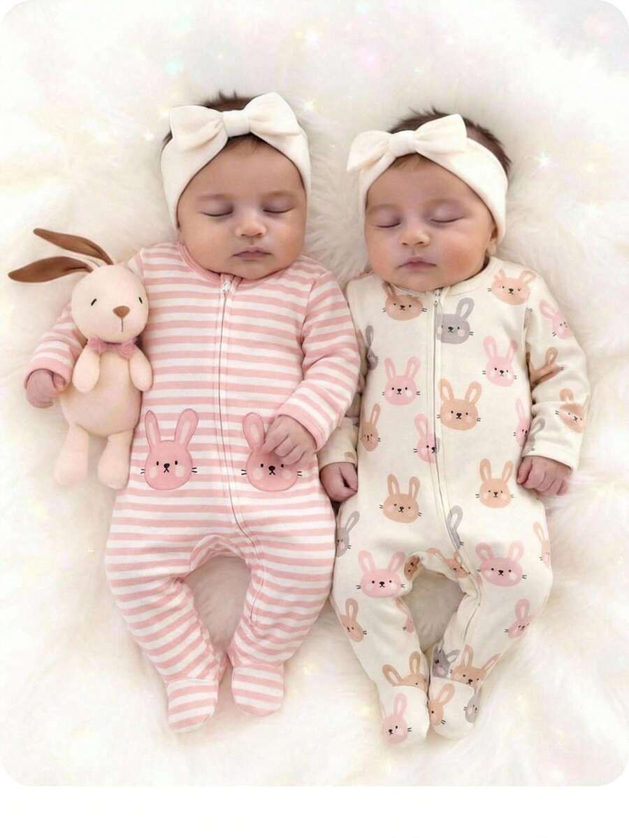 Cute And Versatile Casual Knitted Cartoon Animal Print Striped Long-Sleeved Rompers For Newborn And Toddler Girls, 2-Piece Set; Pink Rabbit Print Striped Rompers With Closed Feet, 2-Piece Set; Fashionable And Design, Suitable For Both Indoor And Outdoor Wear; Simple Style, Suitable For Everyday Wear. - Multicolor - View 1
