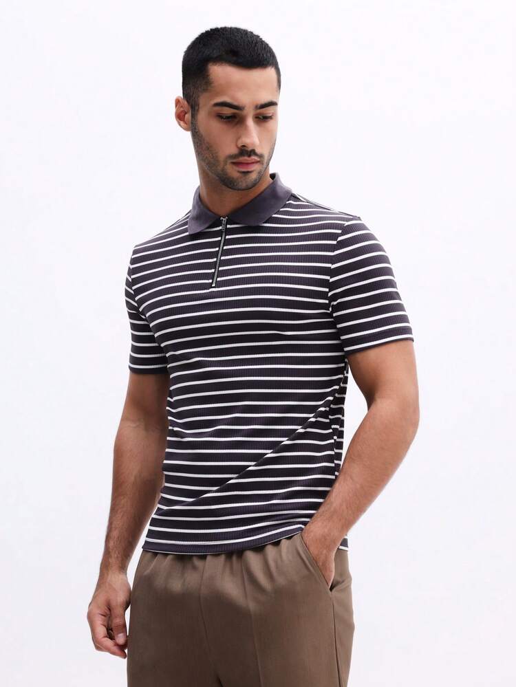 Striped Half Zip Polo Shirt With Ribbed Texture