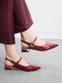 CUCCOO BIZCHIC 红色复古尖头粗跟女士套脚高跟鞋 - 酒紅色 - 查看 5