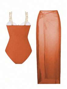 Swim Oasis Plus Size One-Piece Swimsuit, 2pcs Set, Multicolor Metal Starfish Decor, Minimalist Design, Women Summer Beach Vacation Outfit - Orange - View 2