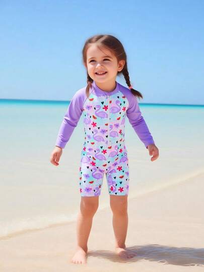 SHEIN Young Girls One-Pieces One-Piece Swimsuit, Casual Multi-Color Flamingo Print Pattern Knitted Fabric, Front And Middle Zipper One-Piece Long-Sleeved Sun Protection, One-Piece Swimsuit, Fashionable, Casual, Exquisite, Elegant Lady, Suitable For Swimming, Suitable For Summer Vacation, Summer Beach, Seaside Swimming Pool, Swimming Pool, Summer Party, Leisure Vacation Girls Bathing Suits With Rash Guard Long Sleeve Bathing Suit Kids Kids Girl Rash Guard Swimsuit Long Sleeve With Zipper Purple Kids Sw