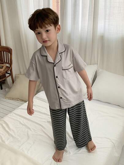 DAZY 男童撞色滚边落肩短袖纽扣前襟舒适透气家居服