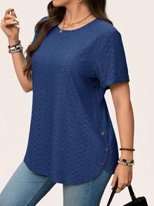 SHEIN LUNE Plus Size Women's Ribbed Knit T Shirt,Short Sleeve Round Neck Solid Blue Top,Everyday Smart Casual Elegant Blouse For Summer Autumn New Arrivals - Royal Blue - View 6