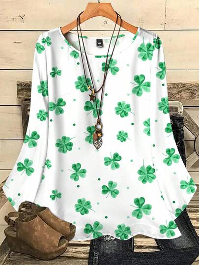 EMERY ROSE 大码女式圣帕特里克节四叶草印花休闲宽松圆领七分袖衬衫，春夏嘉年华