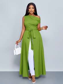 SOLERSUN Áo kiểu nữ cỡ lớn cổ lệch, xẻ đùi, buộc dây phía trước, một vai. - Màu xanh Ô liu - Xem 6