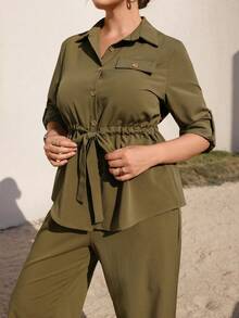 Juhart Conjunto informal de 2 piezas de talla grande, unicolor, con botones delanteros y manga raglán cómoda - Verde militar - Ver 7