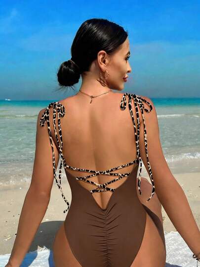 Swim Vcay Women's Vacation Beach Leopard Print Tie-Up One-Piece Swimsuit