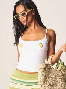MISSGUIDED Embroidered Lemon Patch Tank Top With Spaghetti Straps Cropped Fit Summer Camisole - White - View 4