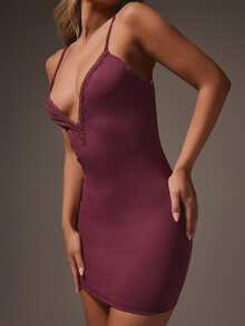 MISSGUIDED Burgundy Plunge V-Neck Lace Trim Mini Dress Bodycon Cami Slip Party Sleeveless Spaghetti Strap Figure Hugging Short Dress - Violet Purple - View 5