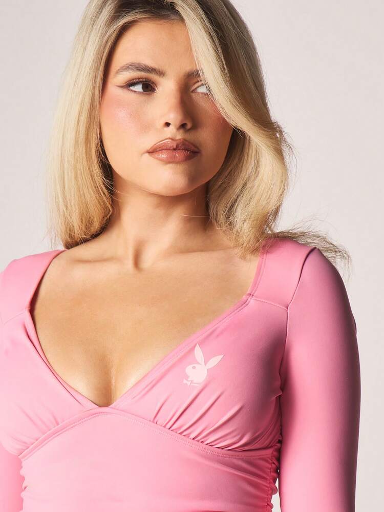 Missguided x Playboy Women Ruched Long Sleeve V Neck Active Top With Logo Stretch Fit