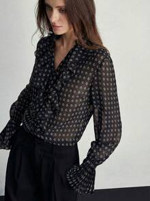 Aveloria Modichic Elegant Oversized Paisley & Cashew Flower Print Chiffon Layered Ruffle Collar Front Button Blouse, Vintage Style For Women - Black - View 5