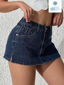 SHEIN PETITE 女士纯色休闲系带牛仔短裤，夏季时尚 - 深色水洗藍 - 查看 4