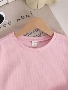 SHEIN LMoss Kids LMoss 儿童青少年女孩纯色针织短袖圆领上衣和宽松短裤休闲两件套 - 粉色 - 查看 3
