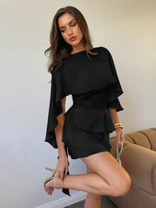 Vestido azul sólido sin mangas con chal desmontable para mujer, vestido mini sexy, lindo y romántico retro para citas - Negro - Ver 4