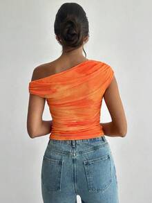 Firerie 女士不对称肩部扎染印花褶皱不对称领口T恤衬衫，印花衬衫，不对称肩部上衣，适合春夏、海滩、通勤、优雅、性感、度假、波西米亚风、夏威夷、音乐节、浪漫、约会等场合。 - 橘色 - 查看 2