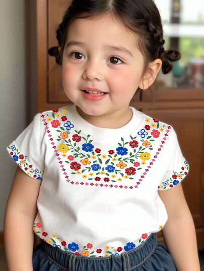 Cute & Sweet Ditsy Floral Baby Girl Casual Minimalist Short Sleeve Round Neck T-Shirt, Suitable For Spring/Summer Daily Wear, , Parent-Child Matching