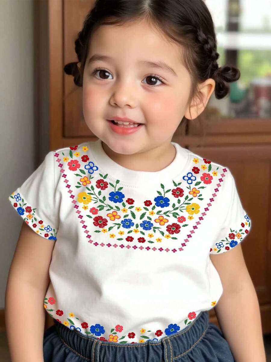 可爱甜美碎花女婴休闲简约短袖圆领T恤，适合春夏日常穿着，亲子装 - 彩色 - 查看 1