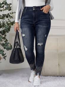 EMERY ROSE Mature Denim 大码女式做旧纽扣口袋水钻装饰休闲日常牛仔裤 - 深色水洗藍 - 查看 7
