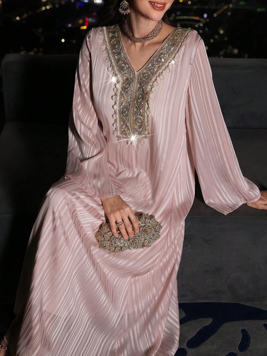 Layrah Women's Spring/Summer Pink Woven Jacquard Long Sleeve Embroidered Sequin Collar Floral Shell Tape Elegant Romantic Turkish Abaya & Arabic Traditional Maxi Dress - Pink - View 1