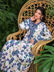 Al Najma 女士优雅阿拉伯风格数码印花长袖梭织连衣裙，春夏款 - 彩色 - 查看 7