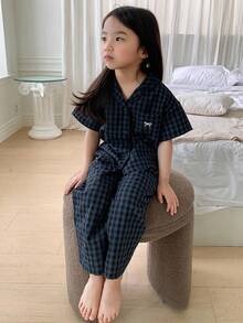 DAZY Young Girl Plaid Print Bow Embroidery Short Sleeve Shirt And Pants Pajama Set, Spring/Summer/Autumn - Navy Blue - View 9