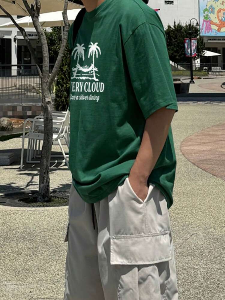 Men's Green Letter Print Round Neck T-Shirt, Summer