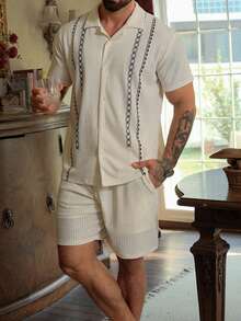 DAZY Men's Summer Short Sleeve Shirt And Shorts Geometric Pattern Pajama Set - Apricot - View 8