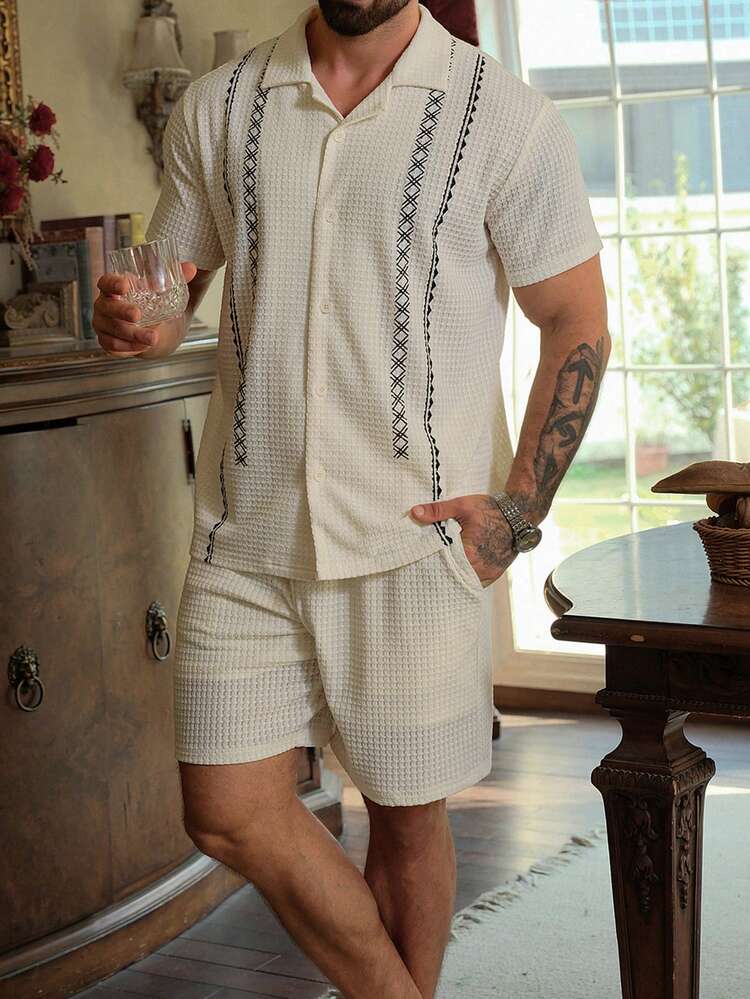 Men's Summer Short Sleeve Shirt And Shorts Geometric Pattern Pajama Set