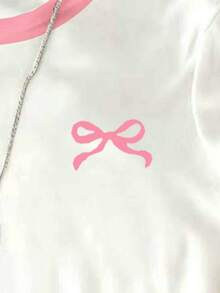 1 pieza Camiseta de poliéster de manga corta, cuello redondo, con estampado de lazo lindo para adolescentes, diseño con ribete de color contrastante, camiseta adorable, adecuada para adolescentes - Blanco - Ver 4