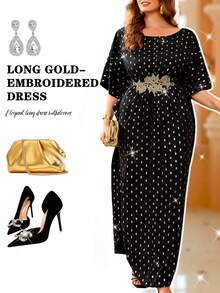 Roveilla Plus Size Women's New Wedding Guest Batwing Sleeve Middle Eastern Elegant Loose Dress, Romantic Long Dress With Embroidery Decor, Platinum Polka Dot Dress, Wedding Guest Gown Luxury Dress For Women Caftan Dress Maweii Plus Size Dress Curve Elegant Dress Plus Size Elegant Dress Luxury Caftan Dress For Women Plus Size Evening Gown - Black - View 4
