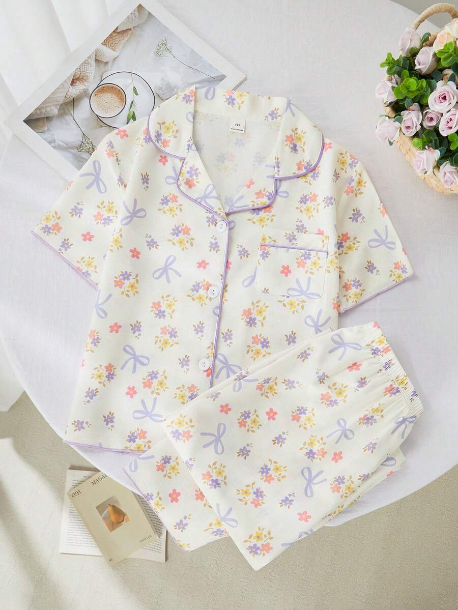 SHEIN Cute Tween Girl's Beige Summer Pajama Set,Multicolor Plant Pattern Sleepwear,Short Sleeve Lapel Top,Long Pants With Pockets,Home Wear Bow Sleep Set - Multicolor - View 1